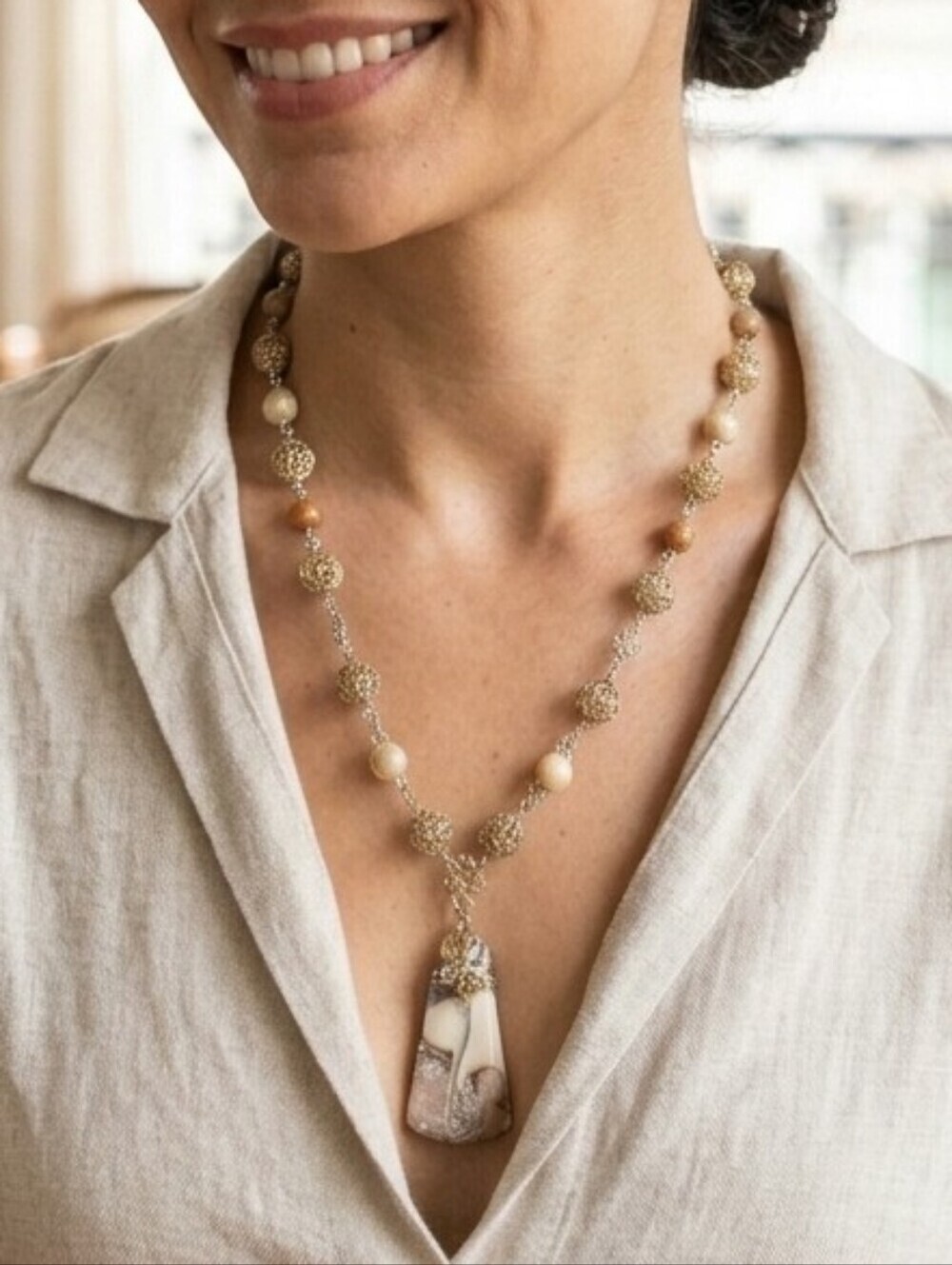ARTISAN Crazy Lace Agate Pendant Necklace Neutral Beads Filigree Wire Detail